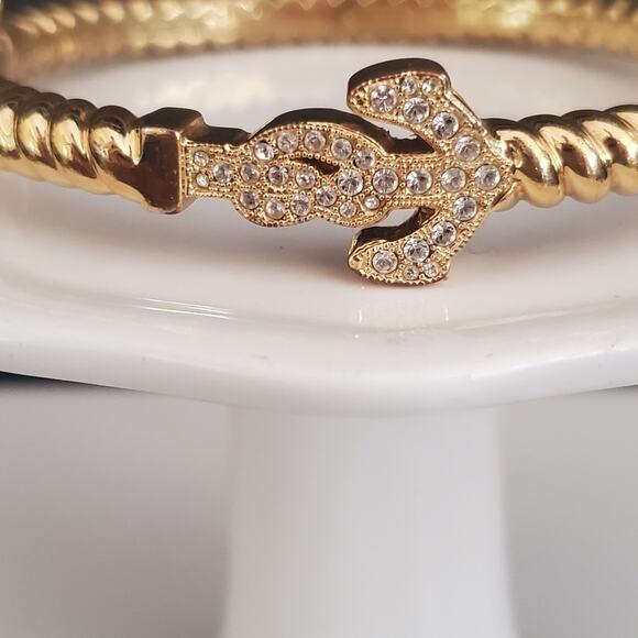Coach Hinged Bangle with Pave Crystal Anchor Braided Gold Tone Safety Clasp - Picture 2 of 12